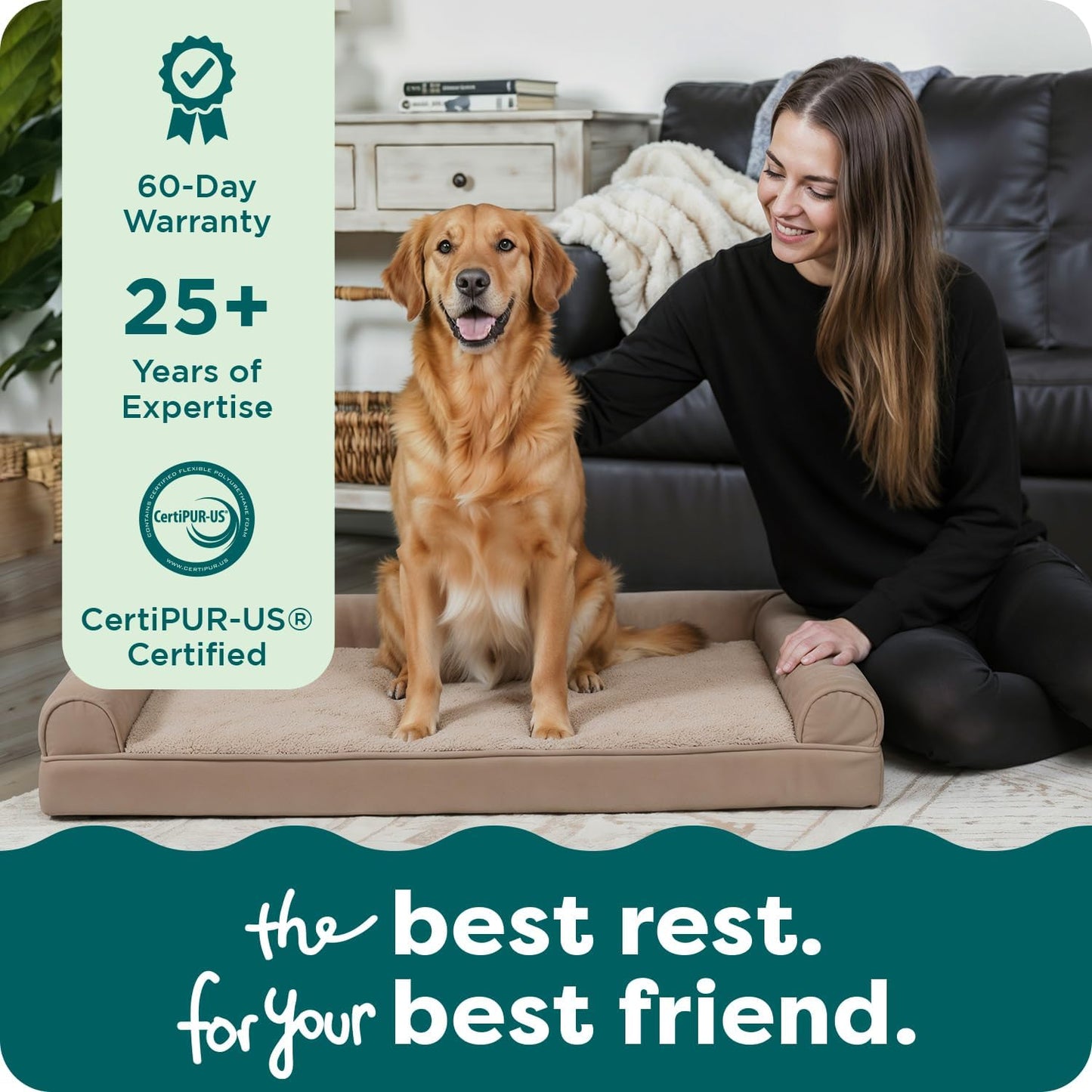Orthopedic Dog Bed for Large Dogs W/ Removable Bolsters & Washable Cover, for Dogs up to 95 Lbs - Luxe Faux Fur & Performance Linen Sofa - Woodsmoke, Jumbo/Xl